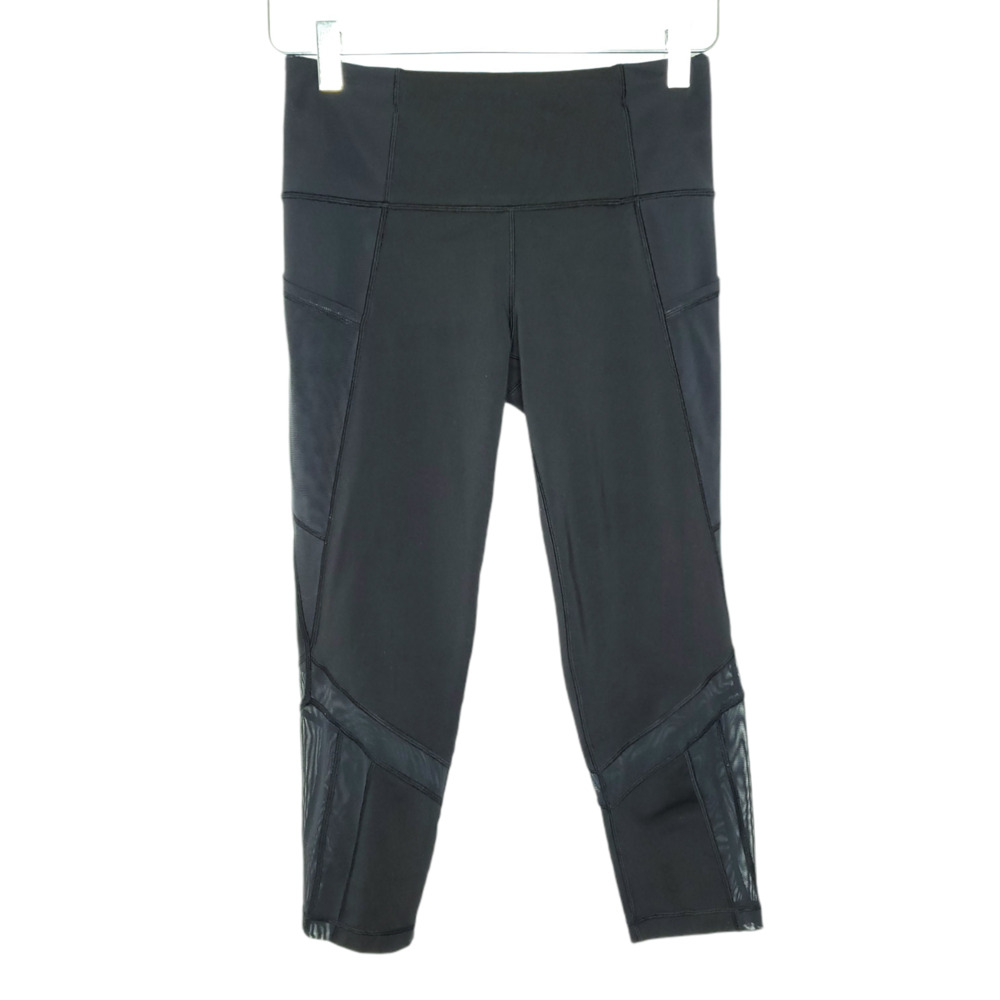 Ivivva Girls Crop Leggings 14 Black Mesh Inserts Security Pocket Active
